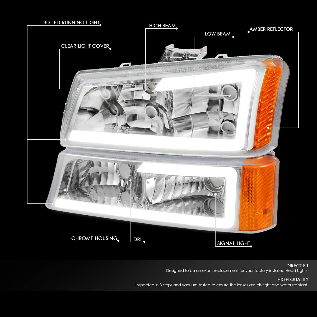 Dna Motoring Hl-Lb-Csil03-Ch-Am Chrome Amber 3D Led Drl Headlight Bumper Lamp Set Compatible With 03-06 Silverado 1500-3500 / Av