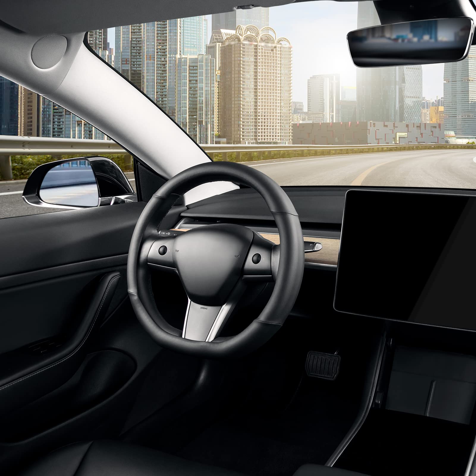 Seg Direct Flat Bottom Steering Wheel Cover, D Shaped Car Wheel Cover 14-14 1/4 In. (35.5-36 Cm), For Tesla Model 3 / Y, For Camaro, Black Microfiber Leather