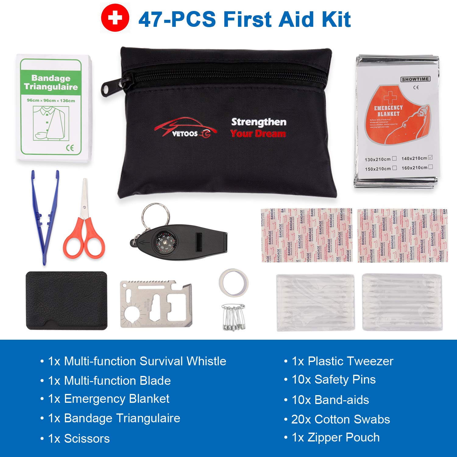 Vetoos Roadside Emergency Car Kit With Jumper Cables, Auto Vehicle Safety Road Side Assistance Kit Essentials, Winter Car Kit Fo