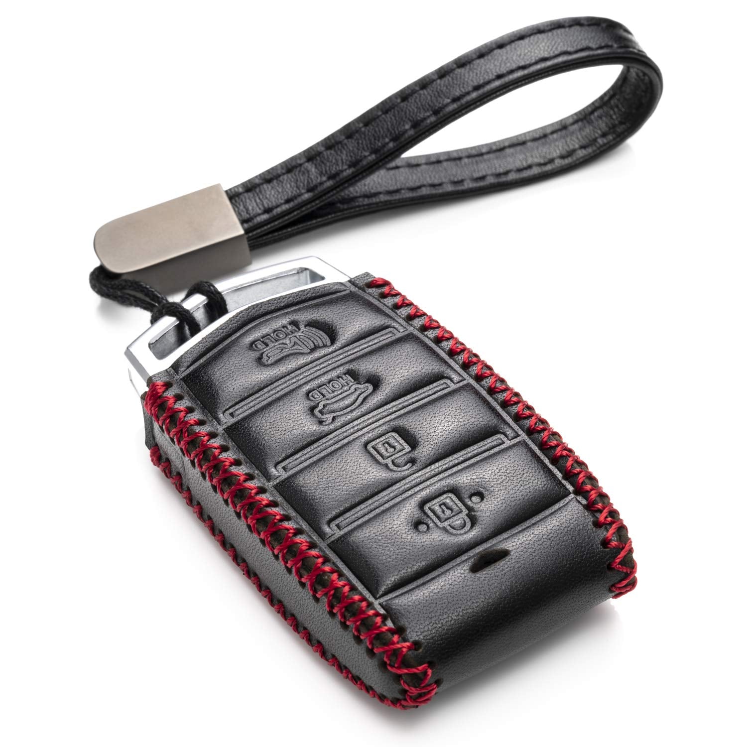 Vitodeco Genuine Leather Smart Key Fob Case Cover Protector with Leather Key Strap Compatible for 2017-2020 Genesis G70, G80, G90 (4-Button with Tailgate, Black/Red)