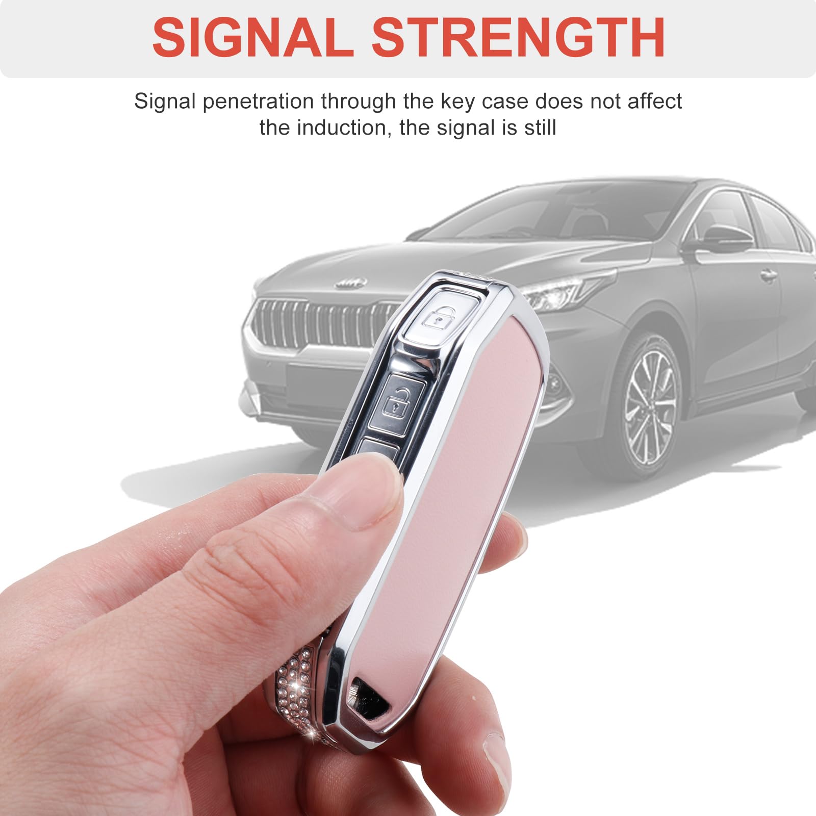 Ruabiban For Kia Key Fob Cover With Keychain, Pink Leather Crystal Key Case Protection Shell Compatible With Cerato Ceed Forte N