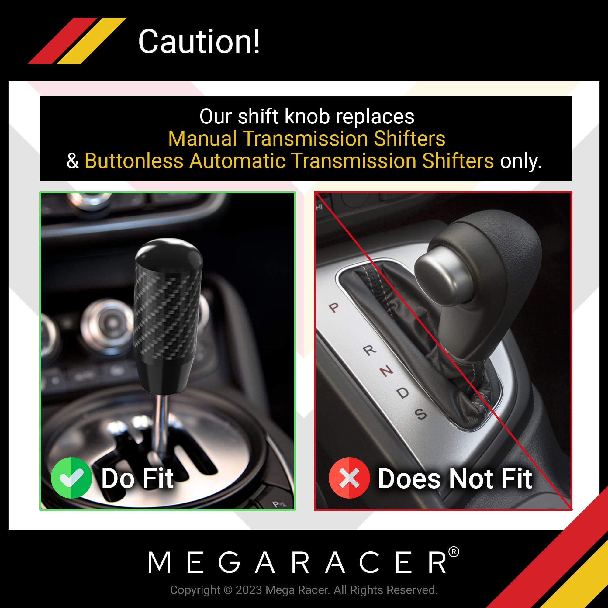 Mega Racer Black Carbon Fiber Shift Knob - Metal Threaded Adapter, Buttonless Automatic, 4 5 6 Speed Manual Transmission, JDM Ca