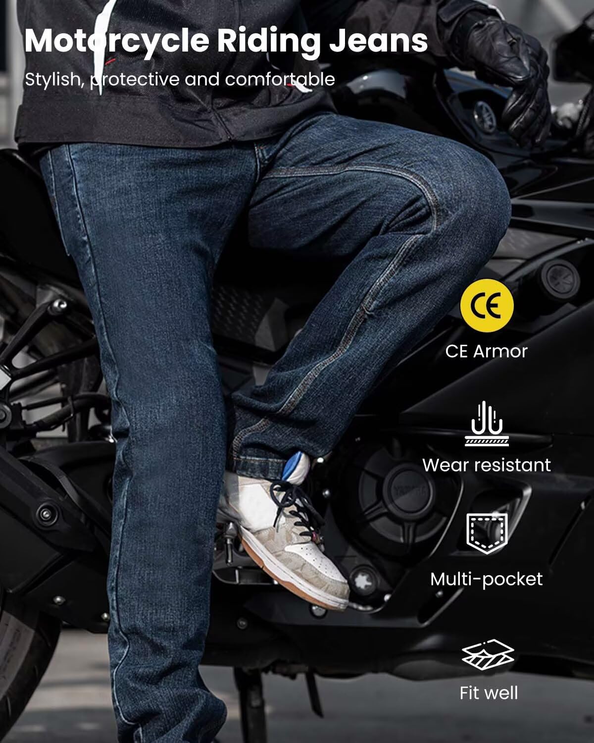 ILM Motorcycle Riding Pants for Men CE Armored Motorbike Jeans Adventure Touring Motocross All Season Model PJN1(Dark Blue)