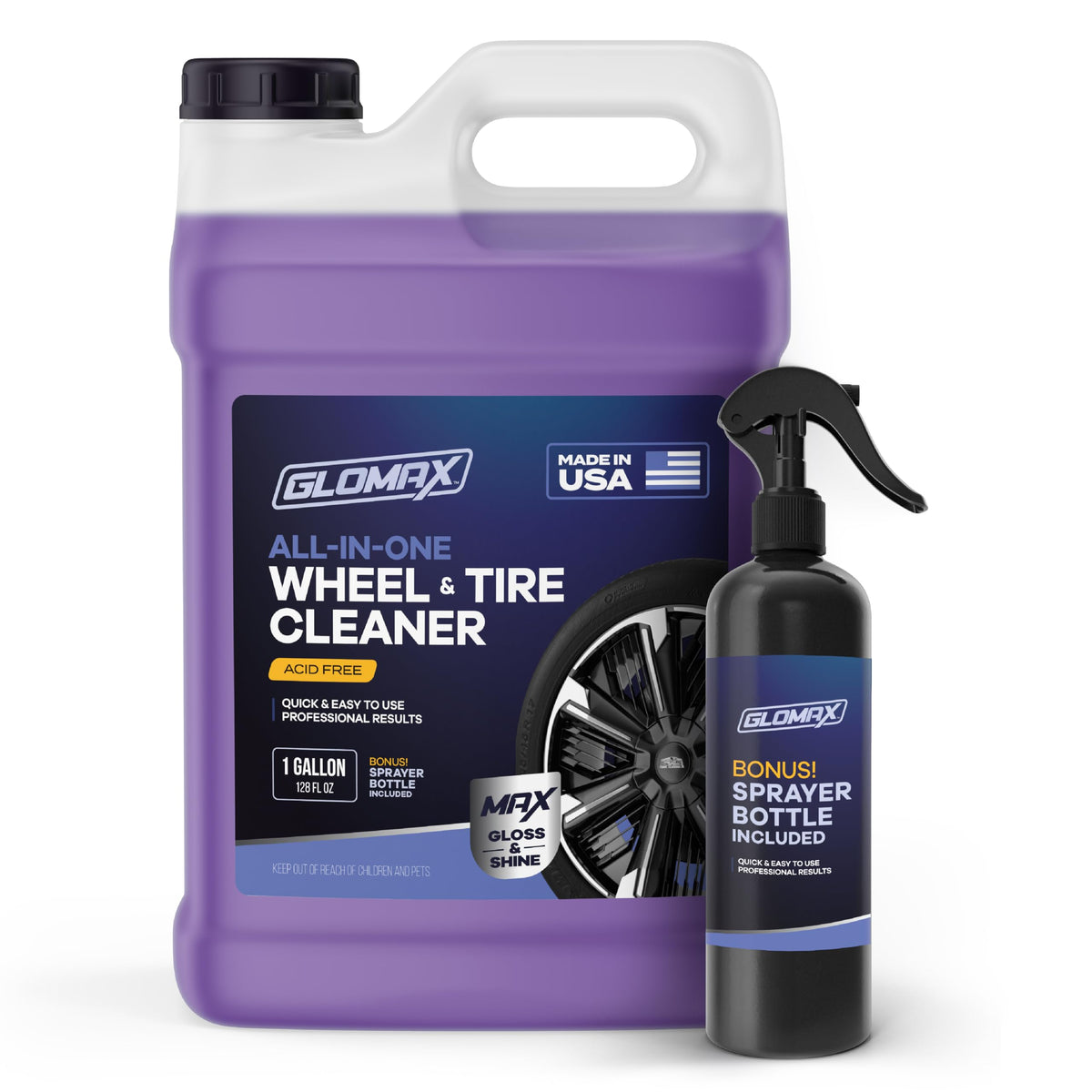 GLOMAX Wheel Cleaner (1 Gallon) - Non Acid Rim Cleaner - All in One Wheel and Tire Cleaner for Car Detailing - Made in USA Tire 