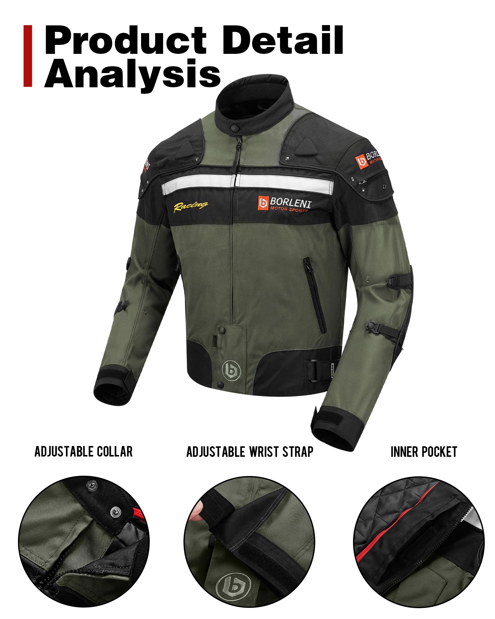 Borleni Motorcycle Jacket Windproof Motorcycle Full Body Protective Gear Ce Armor Suitable For All Seasons,Green,M