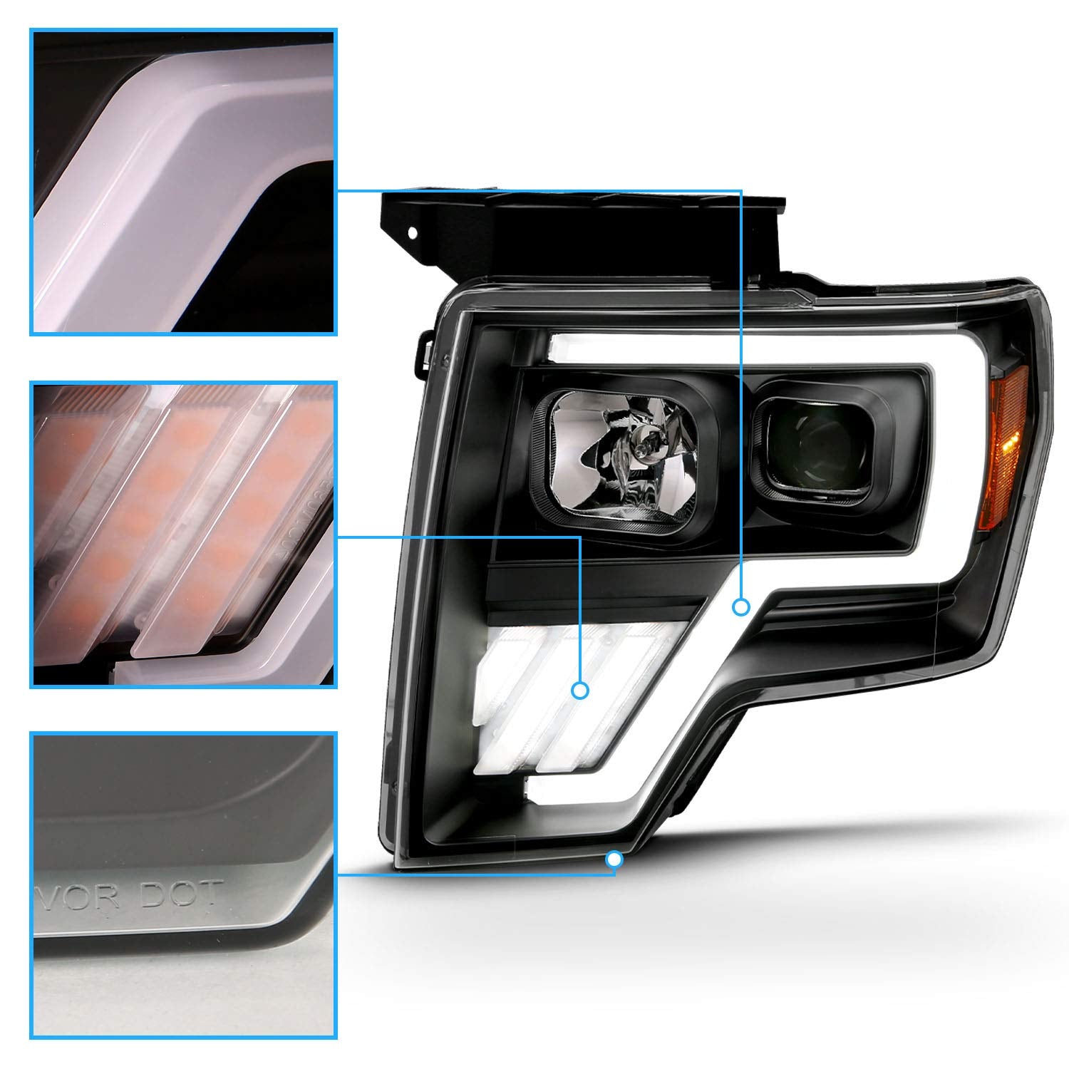 Amerilite Replacement Headlights Switchback Led, Halogen, Tube Quad Projector Set For 2009-2014 Ford F150 - Passenger And Driver