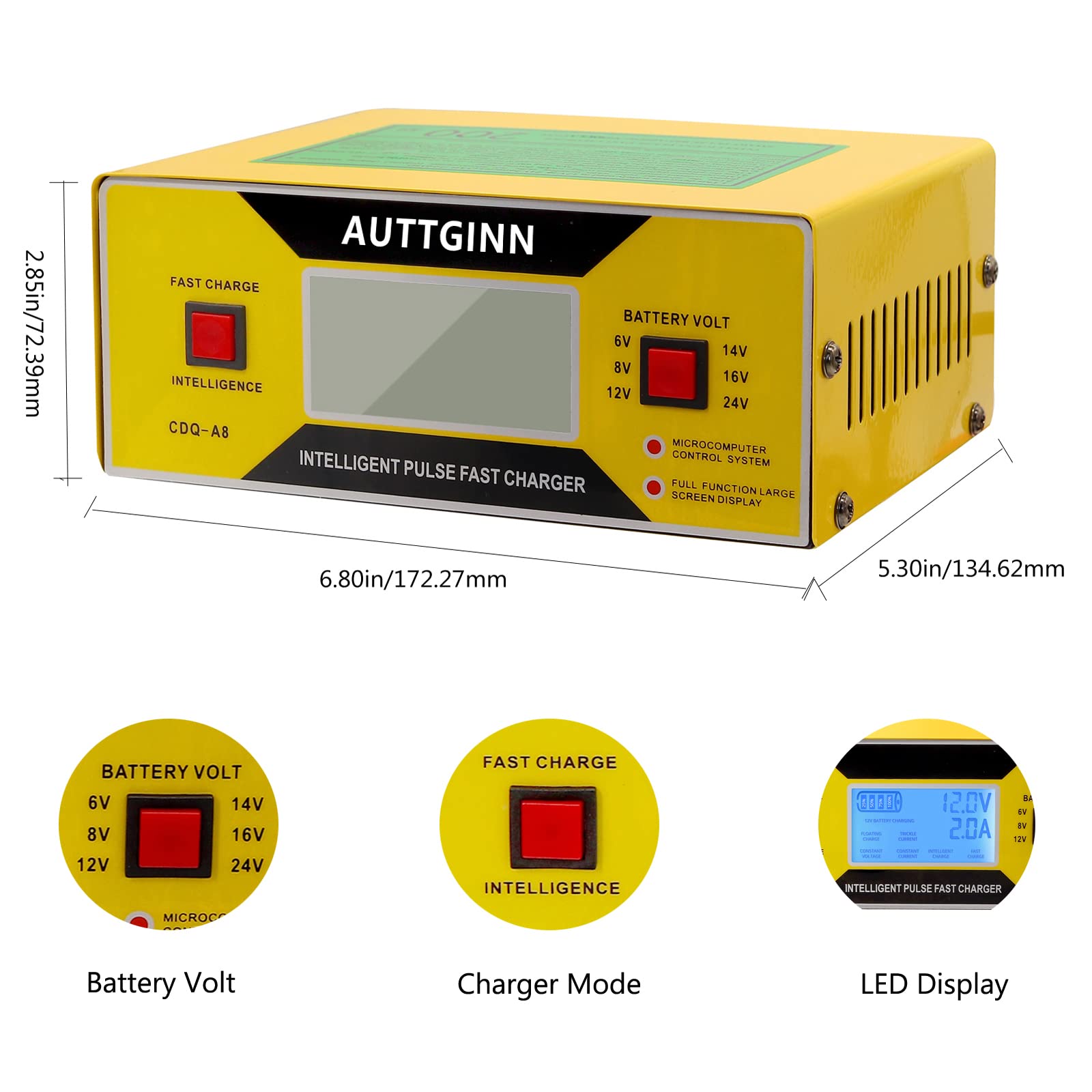 AUTTGINN 6/8/12/14/16/24V Battery Charger 0-10Amp Smart Adjustable Car Battery Charger with Upgraded Cable Clamps, Smart Trickle