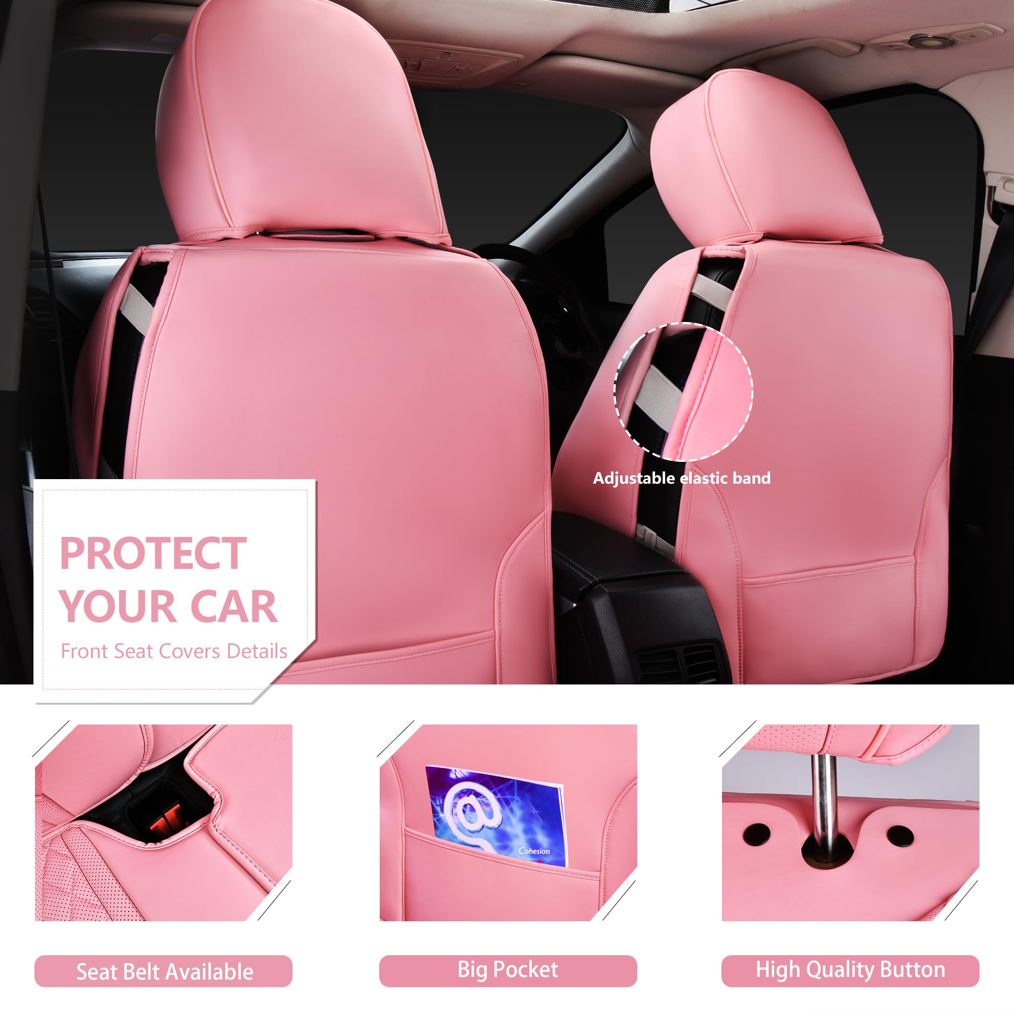 Car Pass Bling Pink Nappa Leather Car Seat Covers For Front Seats, Waterproof Heavy-Duty Anti-Slip, Universal Fit For 95% Auto S
