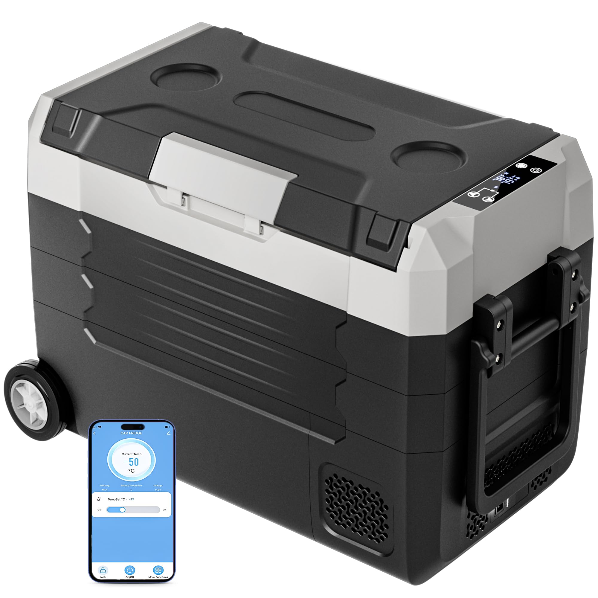 12 Volt Refrigerator, 53QT(50L) Compressor Electric Cooler with Wheels, Car Fridge with APP Control, Portable Freezer -13?~68?, 