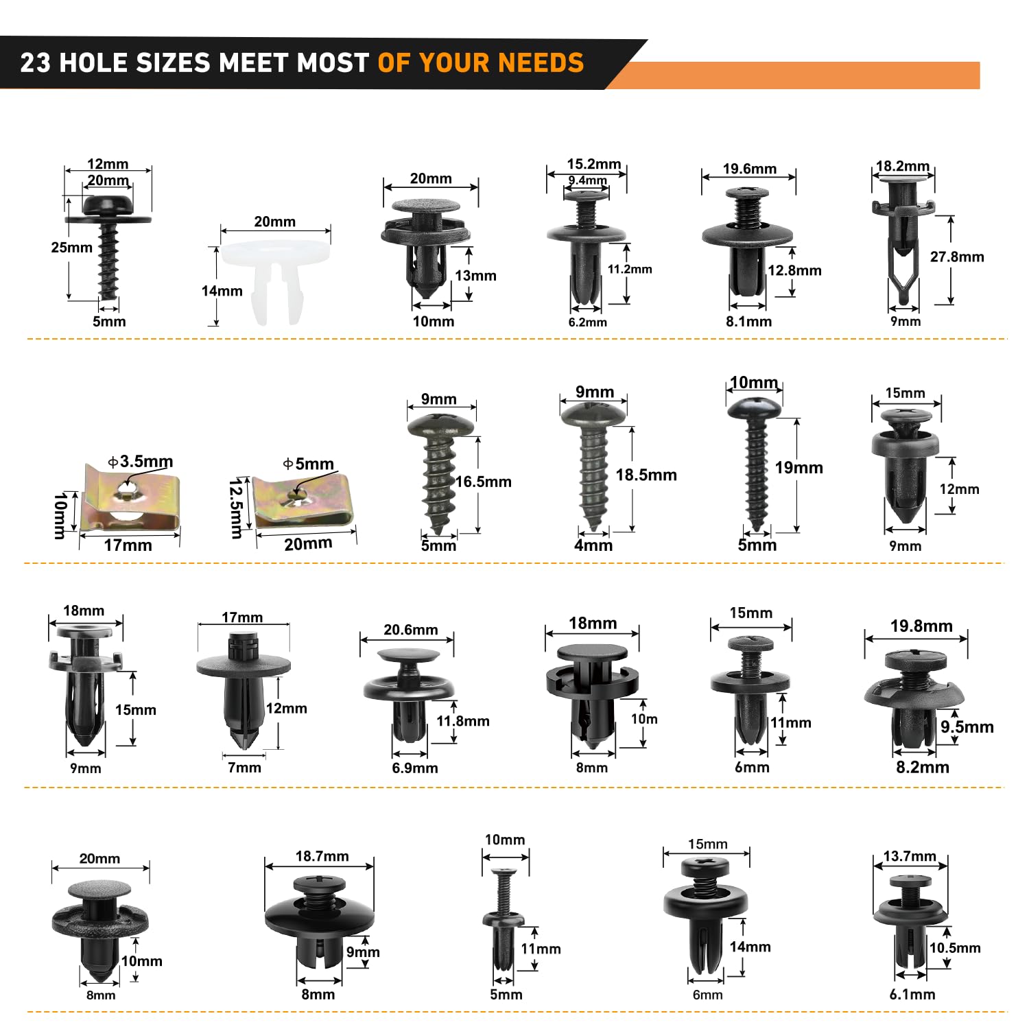 Gooacc 795Pcs Car Push Retainer Clips & Auto Fasteners Assortment 23 Most Popular Sizes Nylon Bumper Fender Rivets Metal Screw P