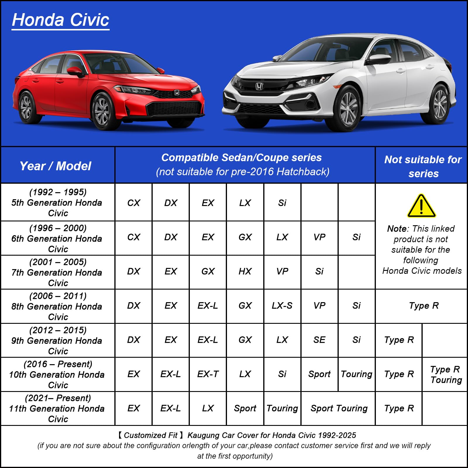 Kaugung Car Cover Waterproof Custom Fit Honda Civic(1995-2025), Full Exterior Cover For Automobiles Lightweight Resistant Outdoo