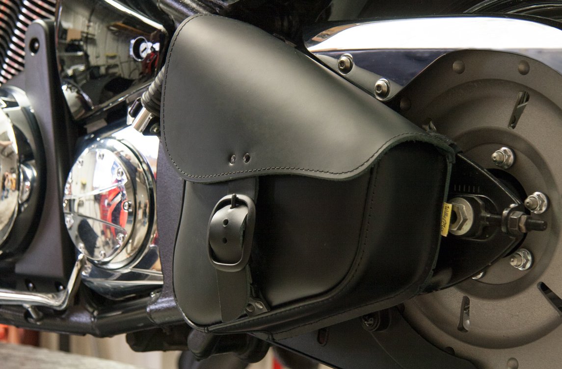 Willie & Max Black Leather Motorcycle Swingarm Bag for Softail/Triangulated Swingarm Models - Matte Black Buckle - Made in USA [