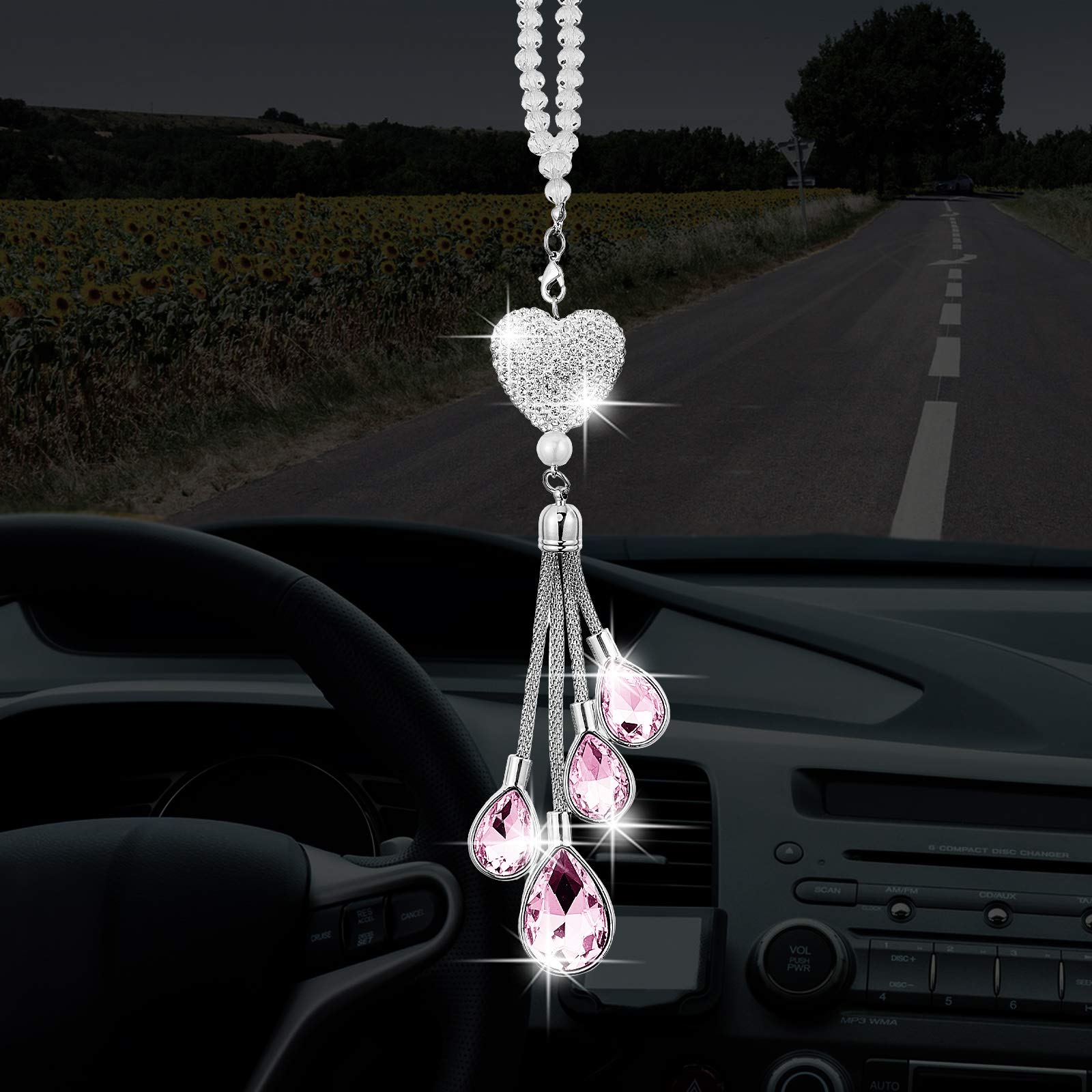 Frienda Bling Heart Diamond Car Charms Car Accessories for Women, Crystal Car Rear View Mirror Charms Car Decoration Lucky Hangi