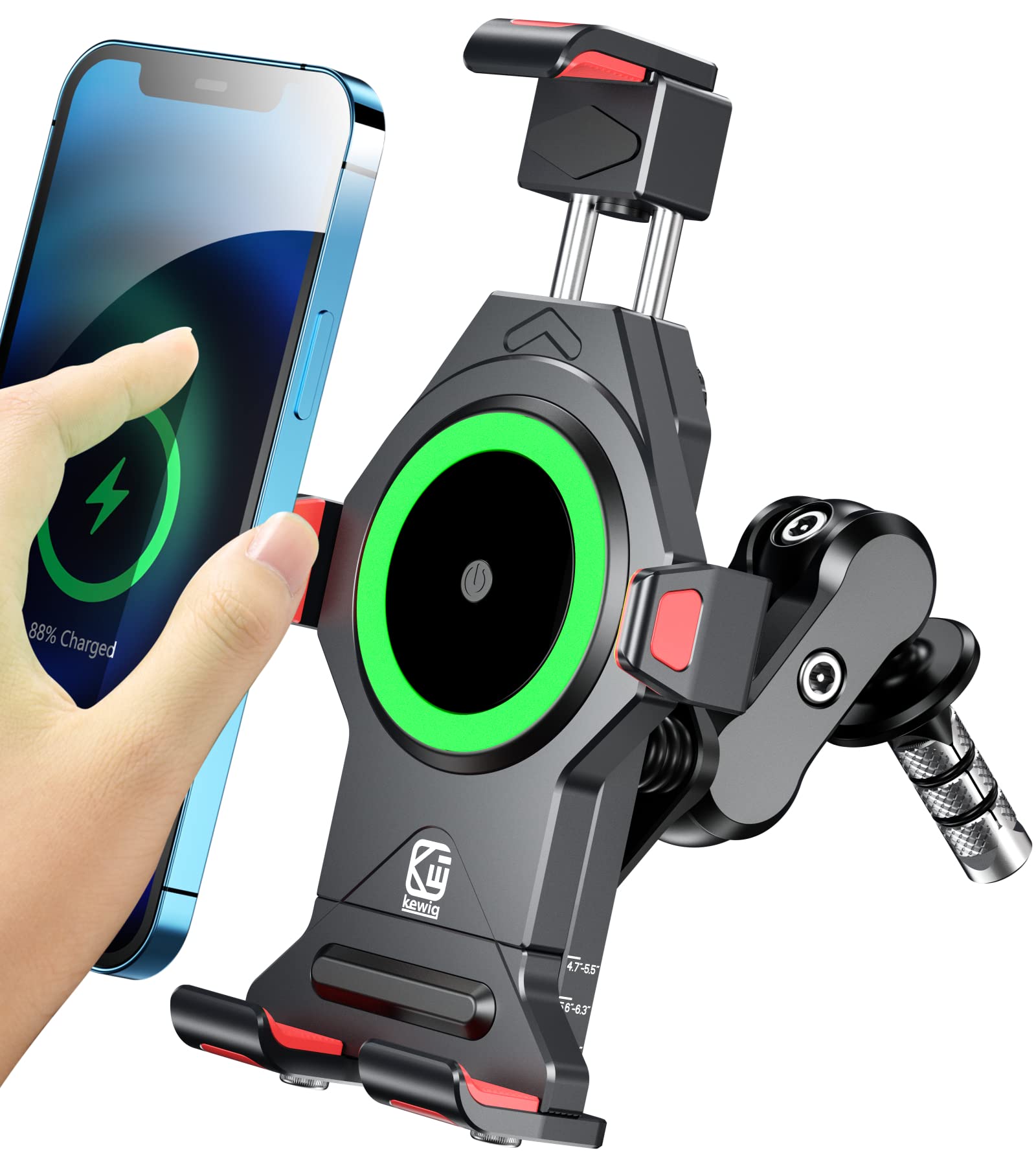 BRCOVAN Motorcycle Fork Stem Phone Mount with Qi 15W Wireless Charger & Vibration Dampener, Anti-Theft, Anti-Shake, Adjustable, 