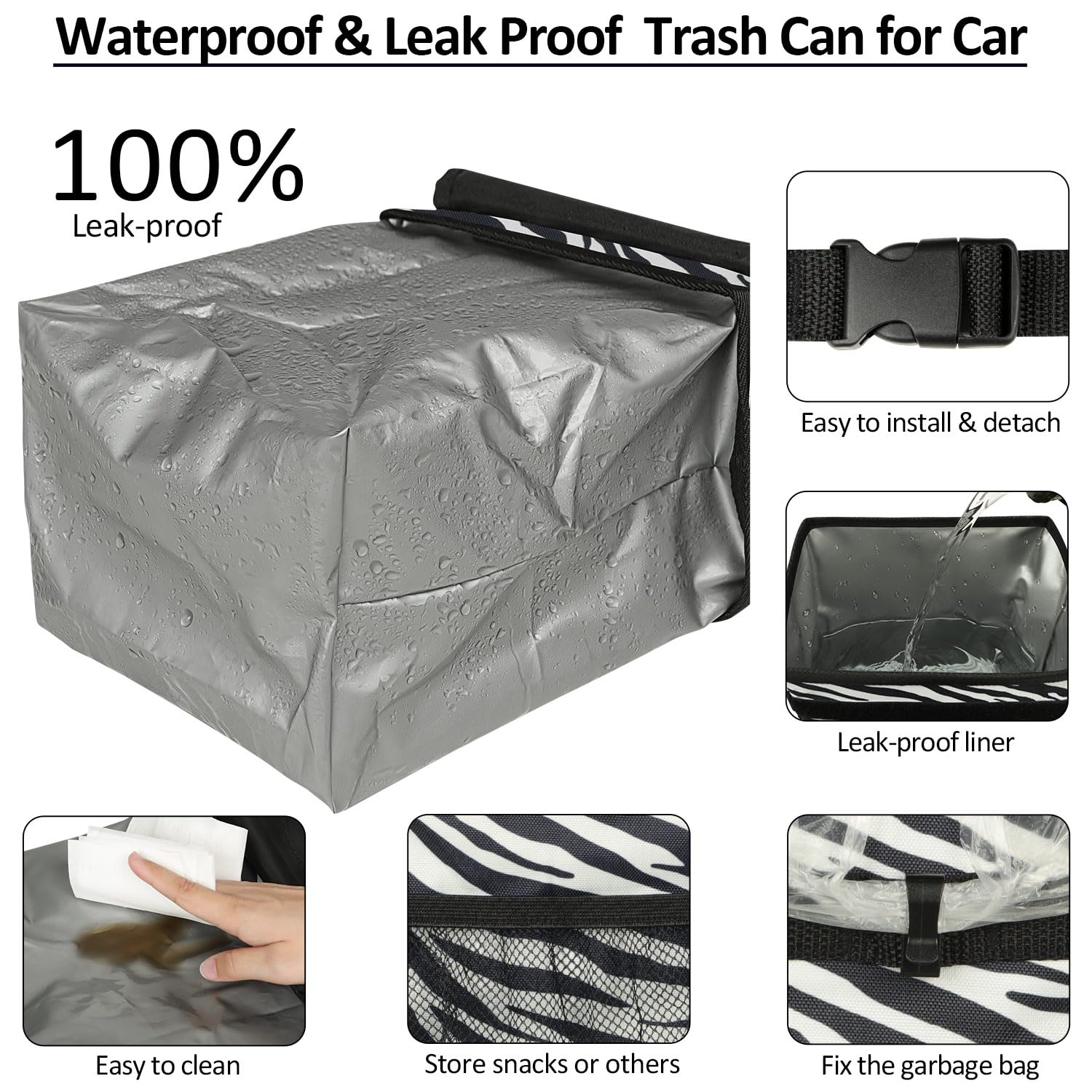 Elongriver Car Trash Can For Car With Lid, Car Organizer Can Trash Bag Hanging Leak Proof Vehicle Trash Can Zebra