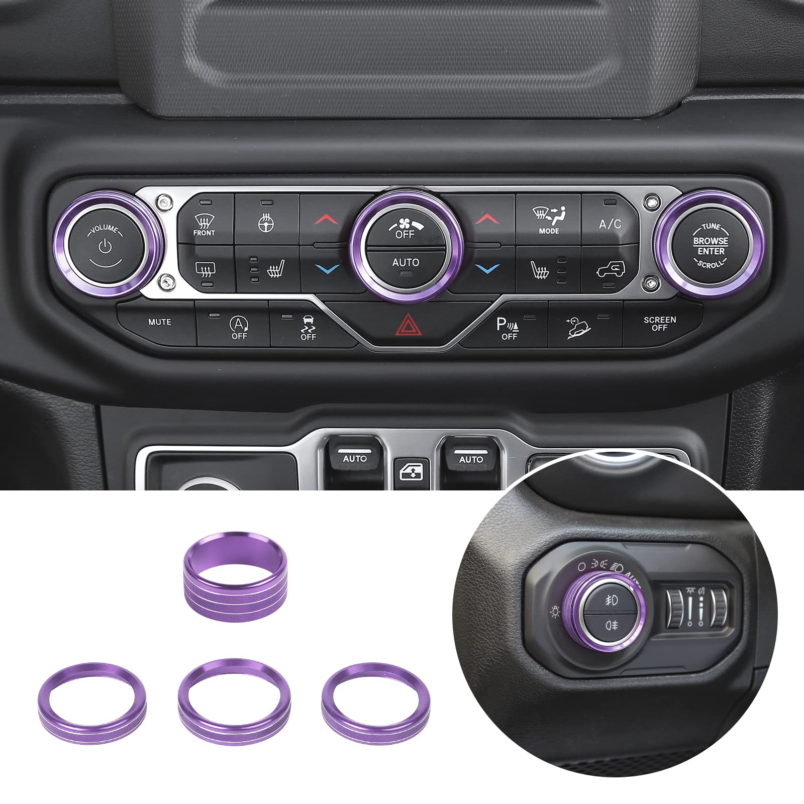 Voodonala Air Conditioner Headlight Switch Knob Trim For 2018-2021 Jeep Wrangler Jl Jlu Gladiator Jt,Thin Purple Aluminum Alloy 4Pcs