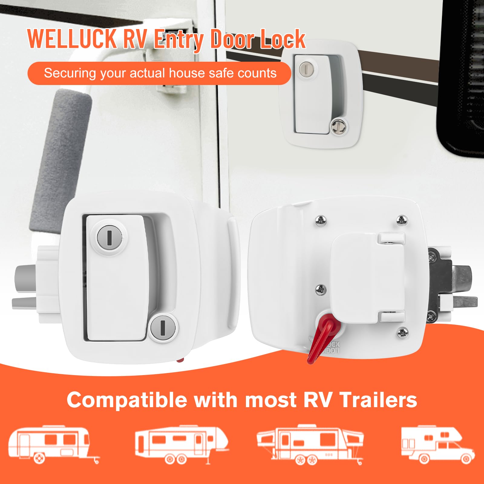Welluck Rv Entry Door Lock W/Paddle Deadbolt, 100% Metal Camper Door Latch Handle, Zinc Alloy Rv Door Lock Replacement Kit For Camper Horse Travel Trailer Cargo Hauler, Polar White, Not Key Alike