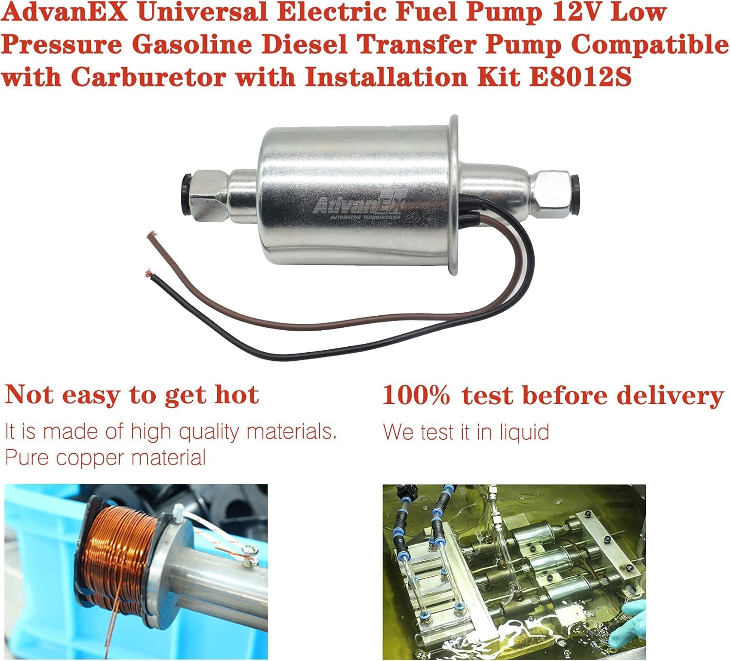 Advanex Universal Electric Fuel Pump 12V Low Pressure Gasoline Diesel Transfer Pump For Carburetor With Installation Kit E8012S