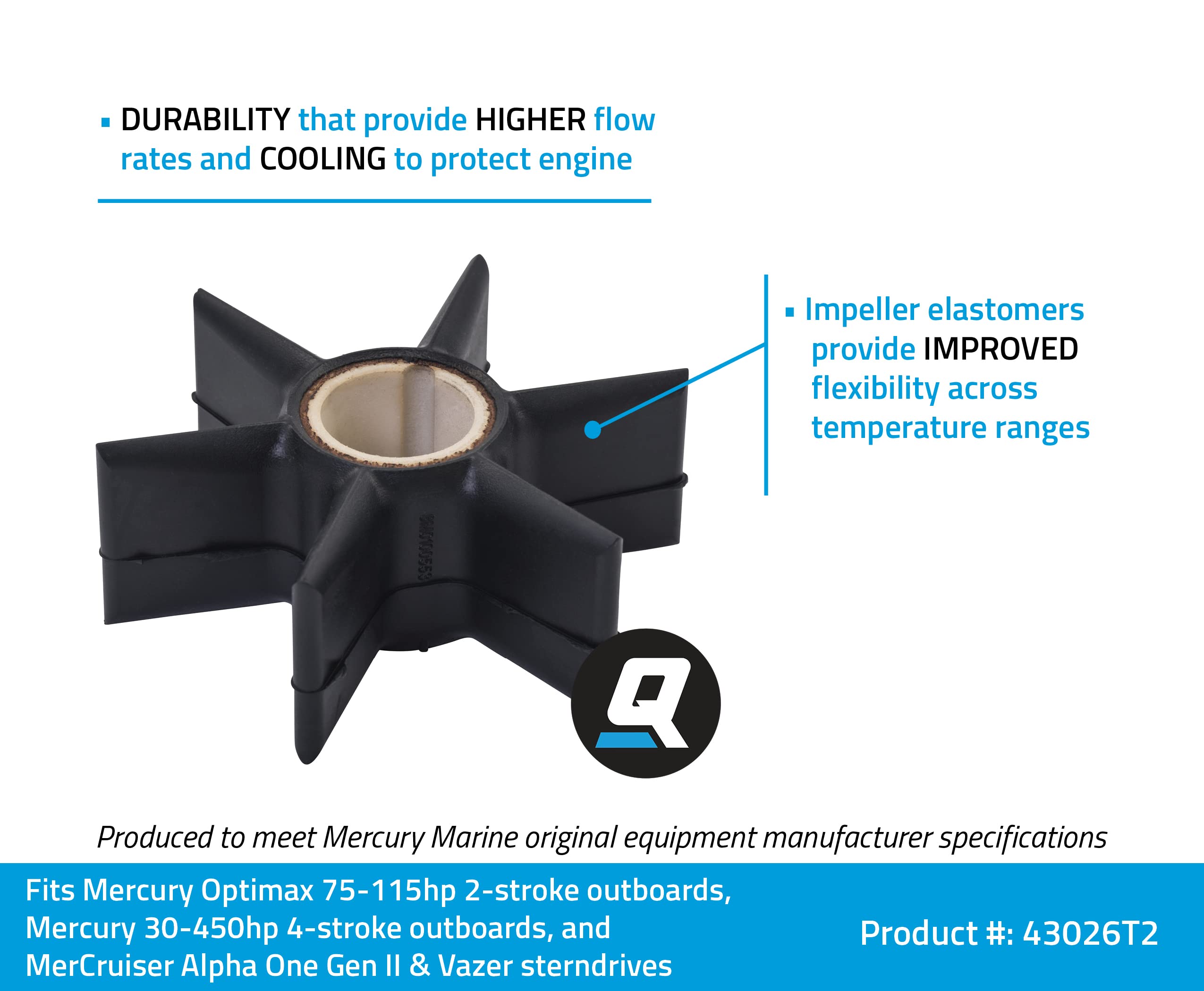 Quicksilver 43026T2 Water Pump Impeller for OEM Mercury 75-115 Hp Optimax Outboards and 30-450 Hp 4-Stroke Outboards, and MerCru