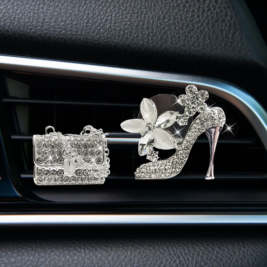Jsacemxi Crystal High Heel Shoe & Magic Bag Car Air Vent Clip Charm Bling Sparkly Bedazzled Rhinestone Car Interior Bling Access
