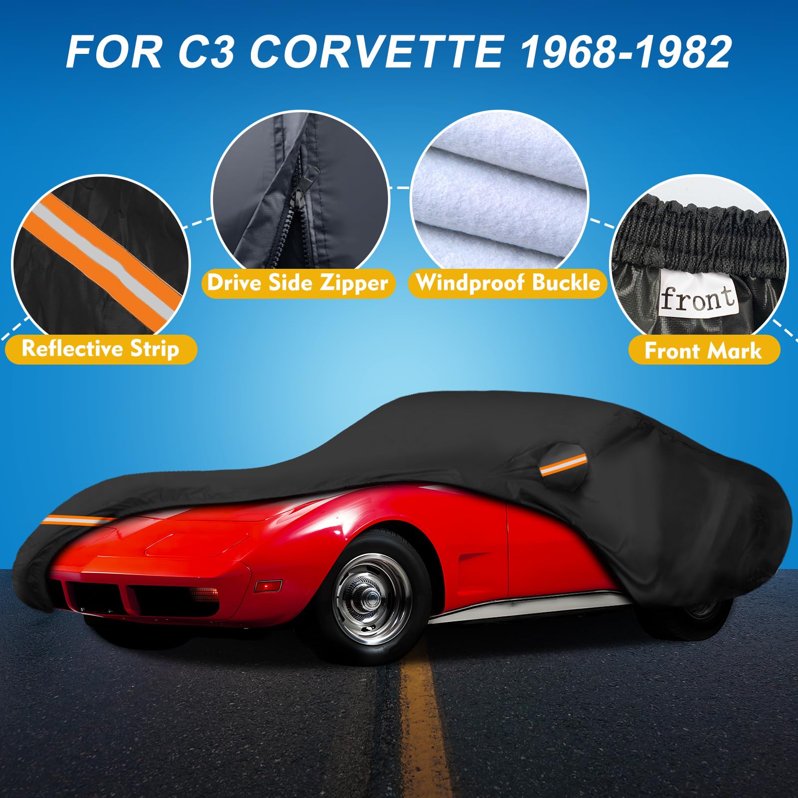 QUNSUNUS 6 Layer Car Cover for C3 Corvette 1968-1982 Waterproof All Weather Windproof for Corvette Car Cover Hail Protection wit