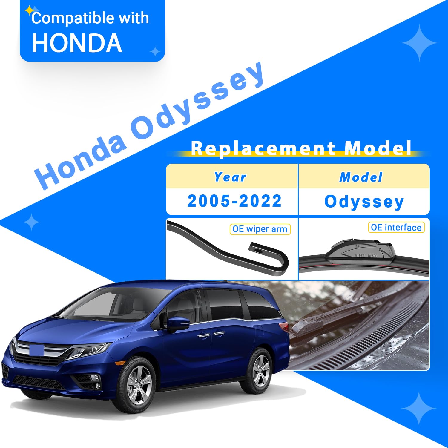 Raintok Windshield Wiper Blade Set Replacement For 2005-2022 Honda Odyssey Original Equipment Replacement Front Rear Wiper Blade