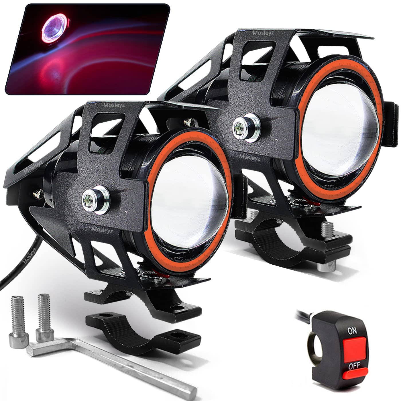 Motorcycle Led Fog Lights U7 Spotlight Daytime Running Lights With Red Angel Eyes Halo Ring And On/Off Toggle Switch 2-Sets