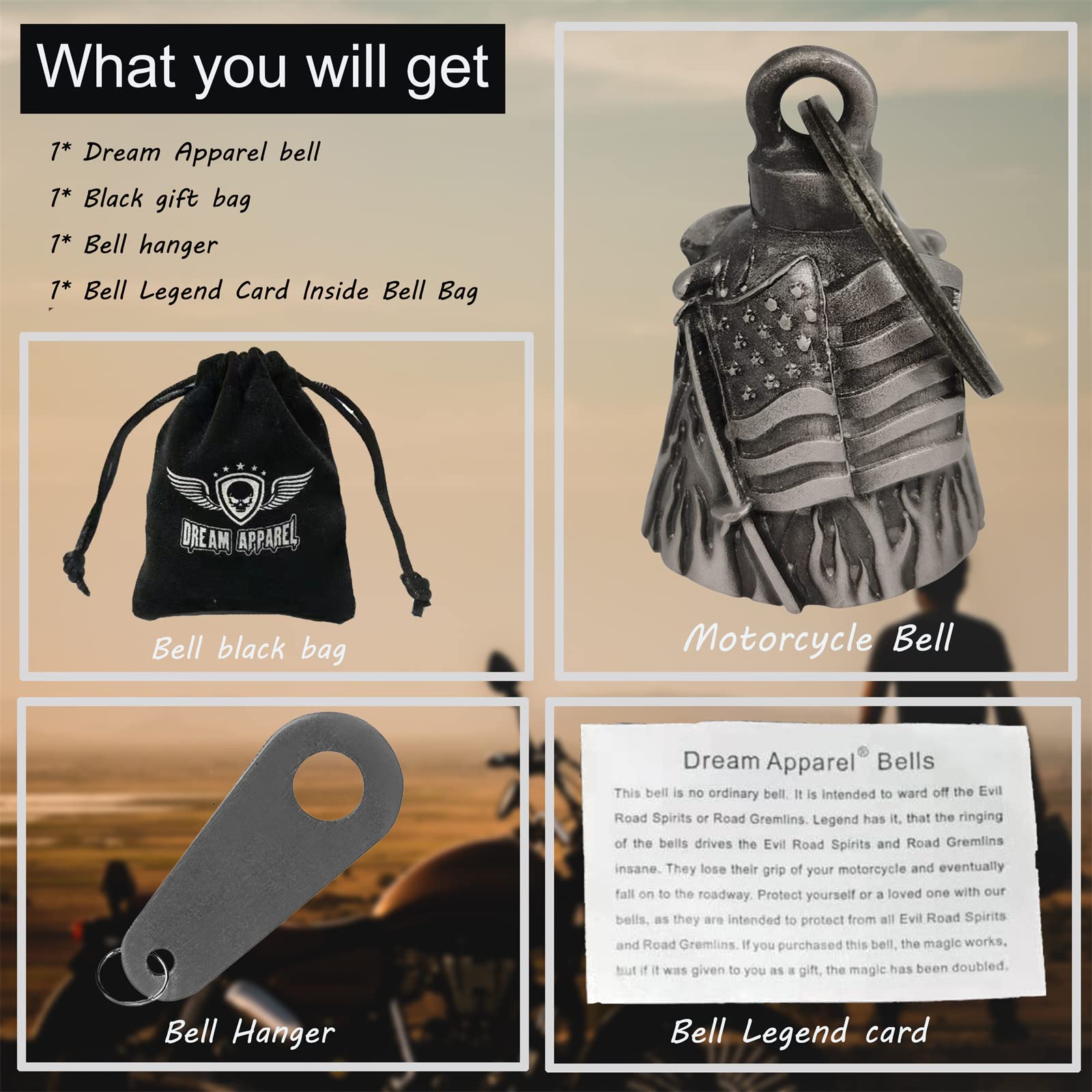 Dream Apparel Motorcycle us flag rider bell for bikers,heavy spirit bells accessory and key chain for luck (DBL4-L US flag)