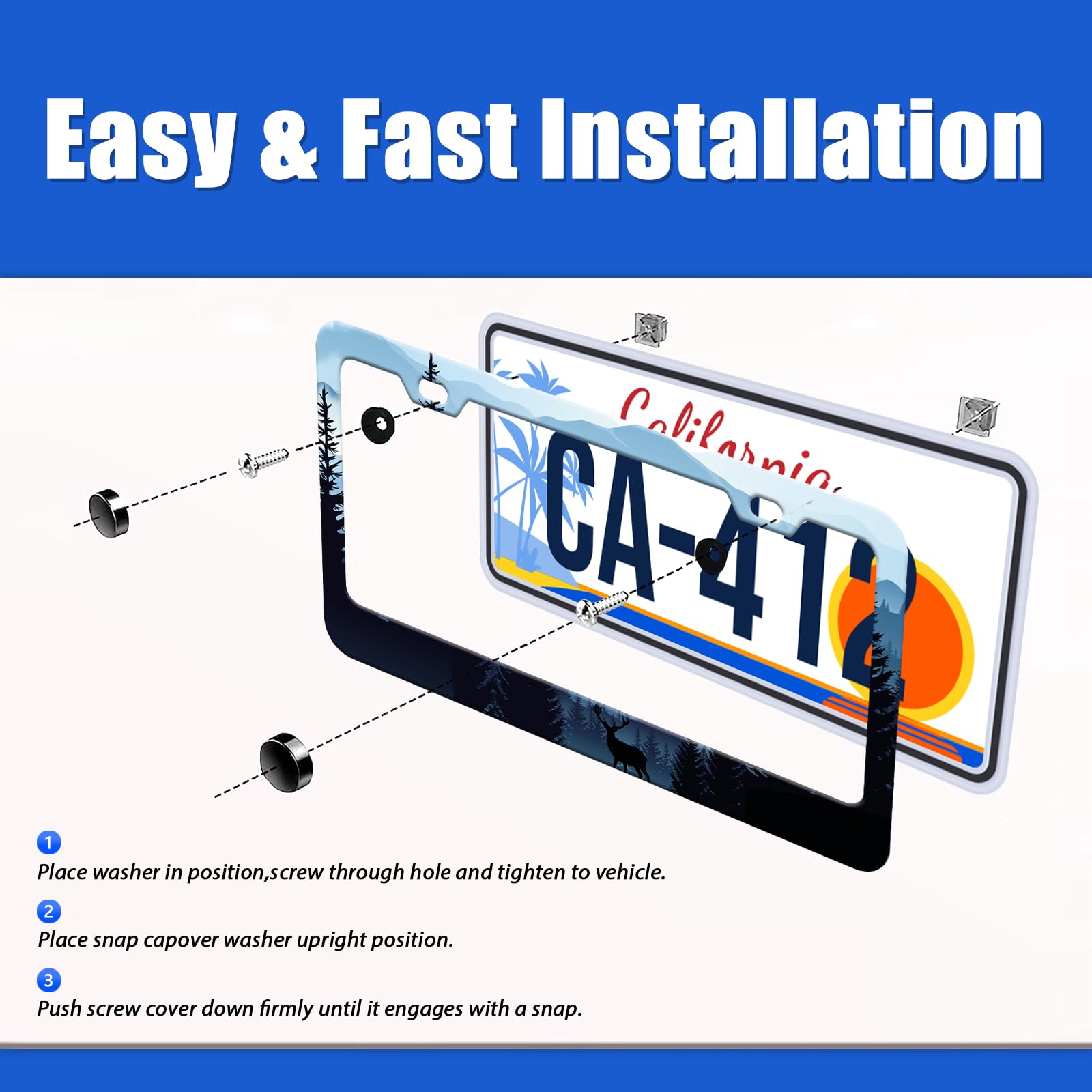 Mountains Landscape License Plate Frames Forest Deer Blue License Plate Holder for Car Decor Parts Stainless Steel License Plate