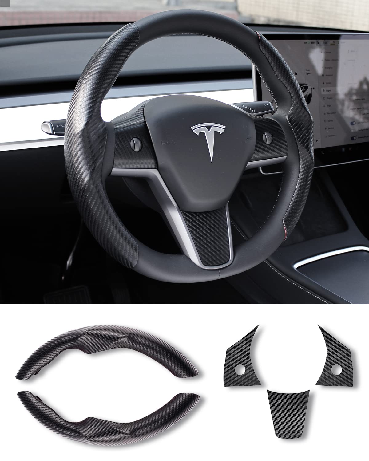 Uxcer Tesla Model 3/Y Steering Wheel Cover, Carbon Fiber Steering Wheel Wrap Stickers For Tesla Model 3 Model Y 2017-2021 2022 2