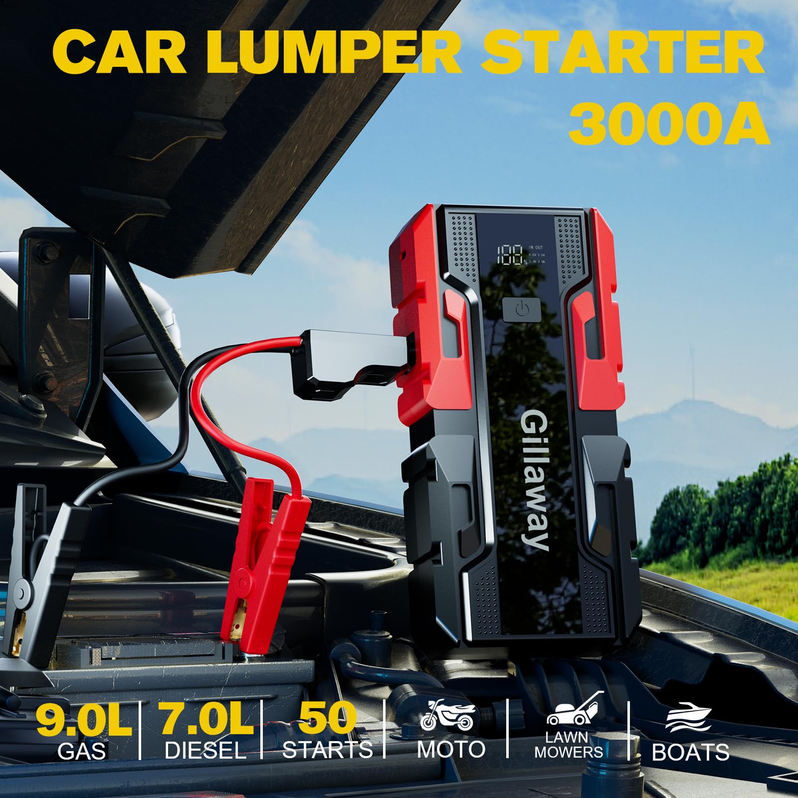Gillaway 001B 3000A Car Jump Starter - 12V Battery Charger for 9.0L Gas & 7.0L Diesel Engines, USB 3.0 Power Bank