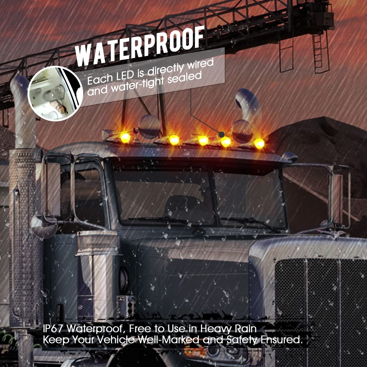 Partsam 5Pcs 17 Led Amber Torpedo Cab Marker Roof Running Top Lights Assembly Super Bright Chrome Heavy Duty Trucks Replacement