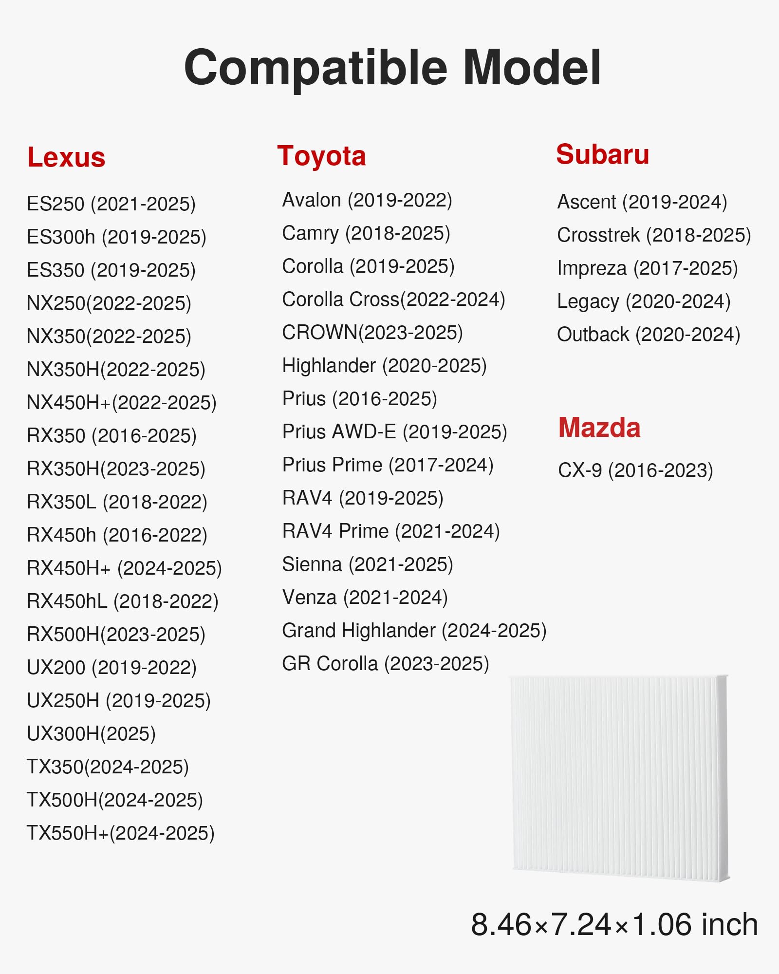Puroma Cabin Air Filter, Replacement for CP157, CF12157, Compatible with Subaru, Toyota Camry, RAV4, Highlander, Corolla, Sienna