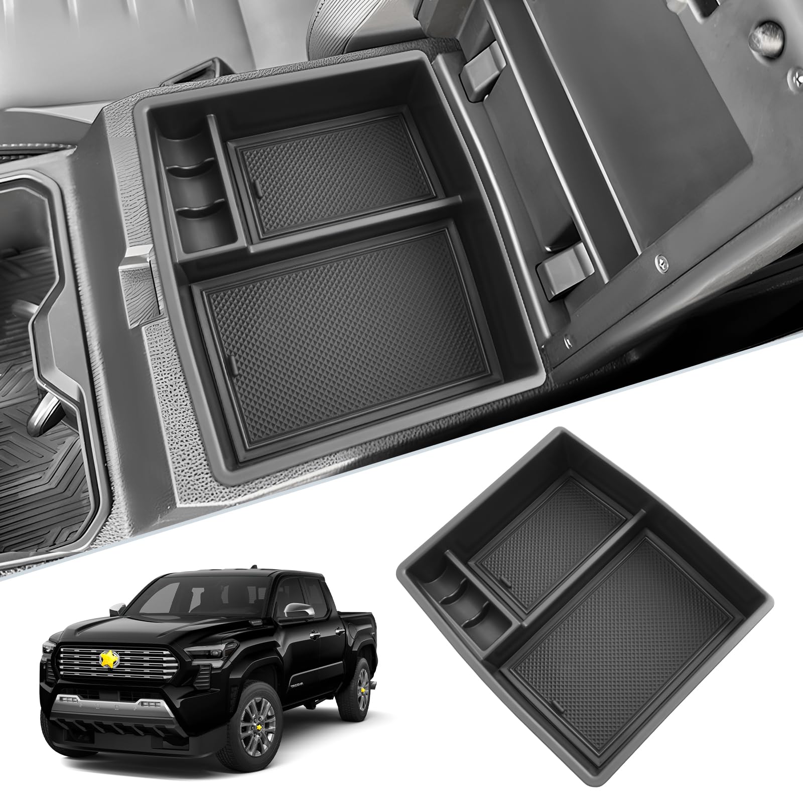 Sktu For 2024 2025 Toyota Tacoma Center Console Organizer 2024 2025 Tacoma (Sr/Sr5/Trd/Limited/Trailhunter/Trd Pro) Console Tray Toyota Tacoma 2024 2025 Accessories With Coin Holder (Black)