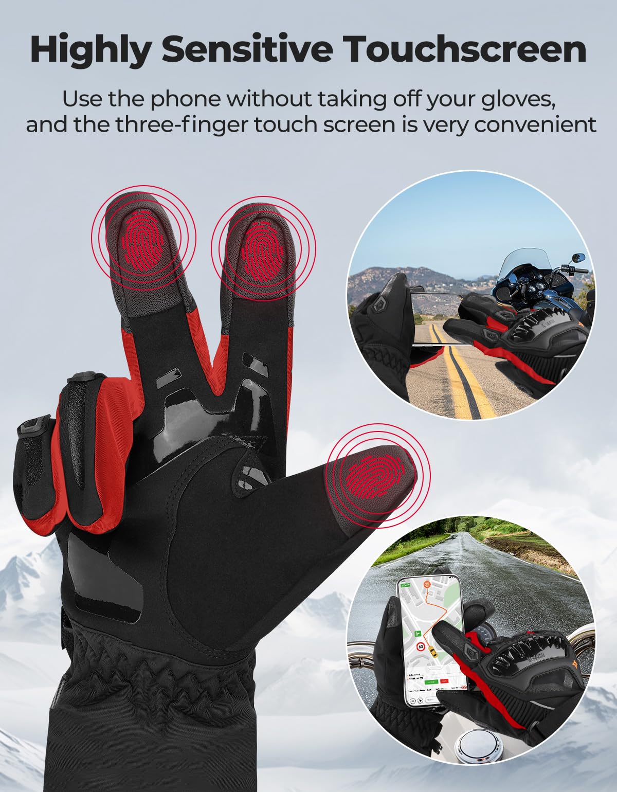 Kemimoto Winter Motorcycle Gloves, Rainproof Riding Gloves With Touchscreen, Motorcycle Winter Gloves For Men, Warm Motorcycle Gloves For Riding, Atv, Utv, Snowmobile - Red, Medium