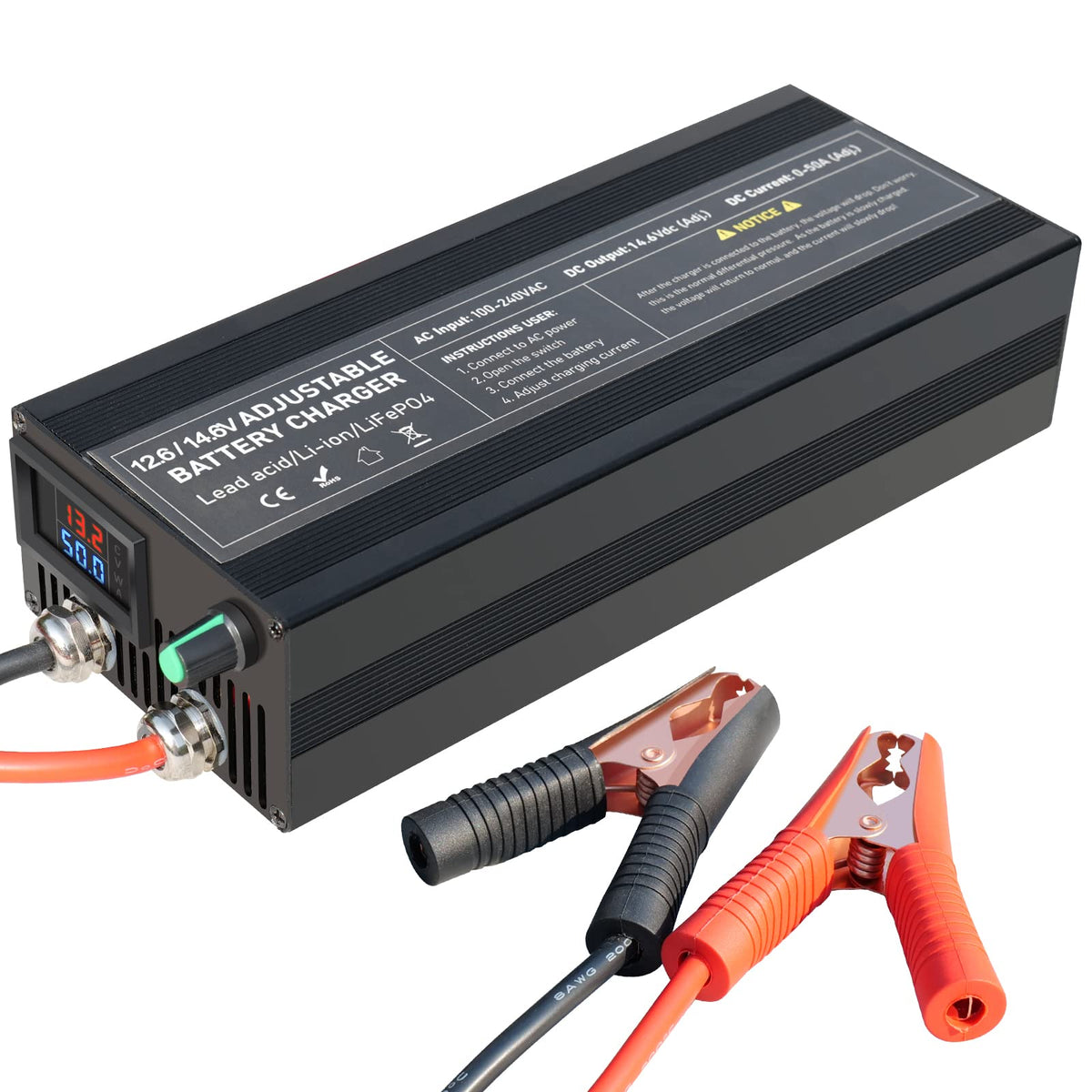Battery Charger 14.6V 50A Lifepo4 Battery Charger Smart Maintainer Adjustable Current Portable Power Adapter for 14.6V LiFePO4 L