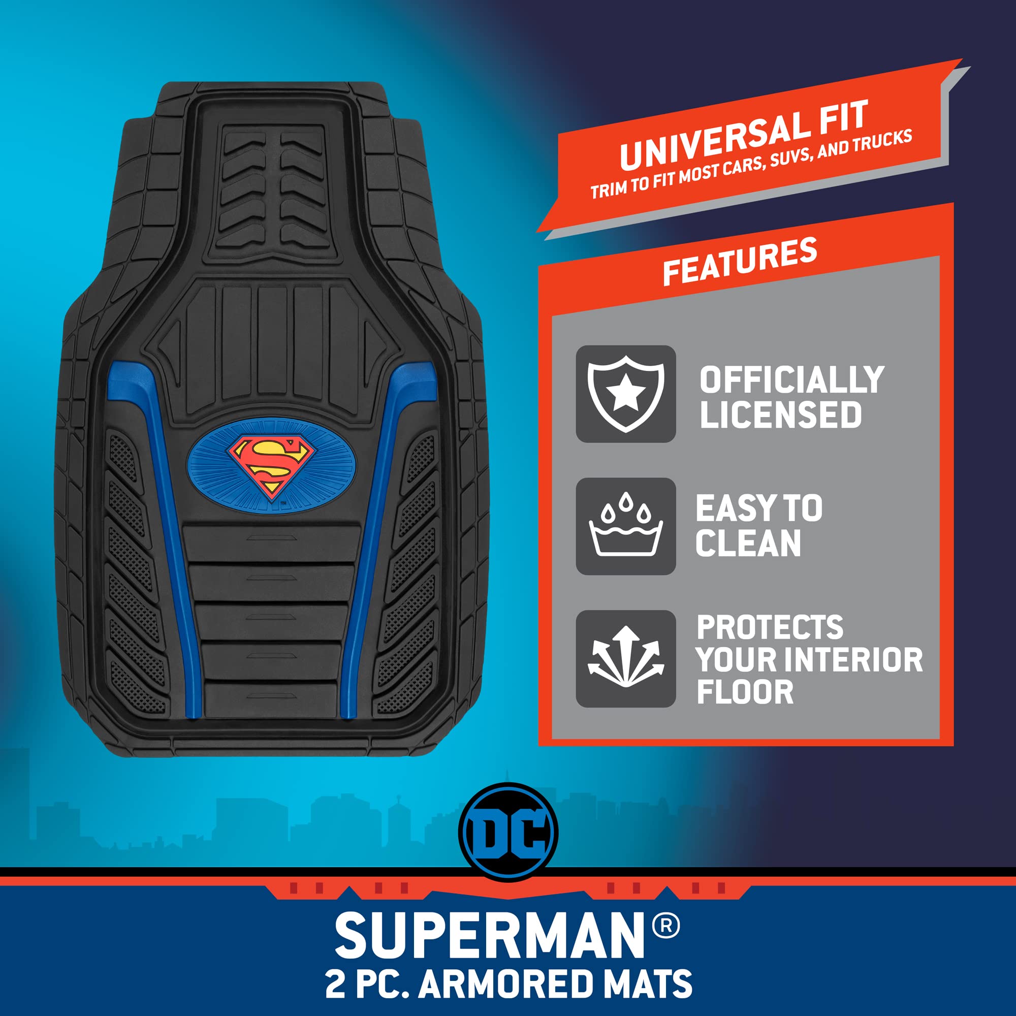 Bdk Warner Bros Dc Comics Armored Superman All Weather Heavy Duty Rubber Floor Mats Car Accessories, Universal Fit Car Mats, Non