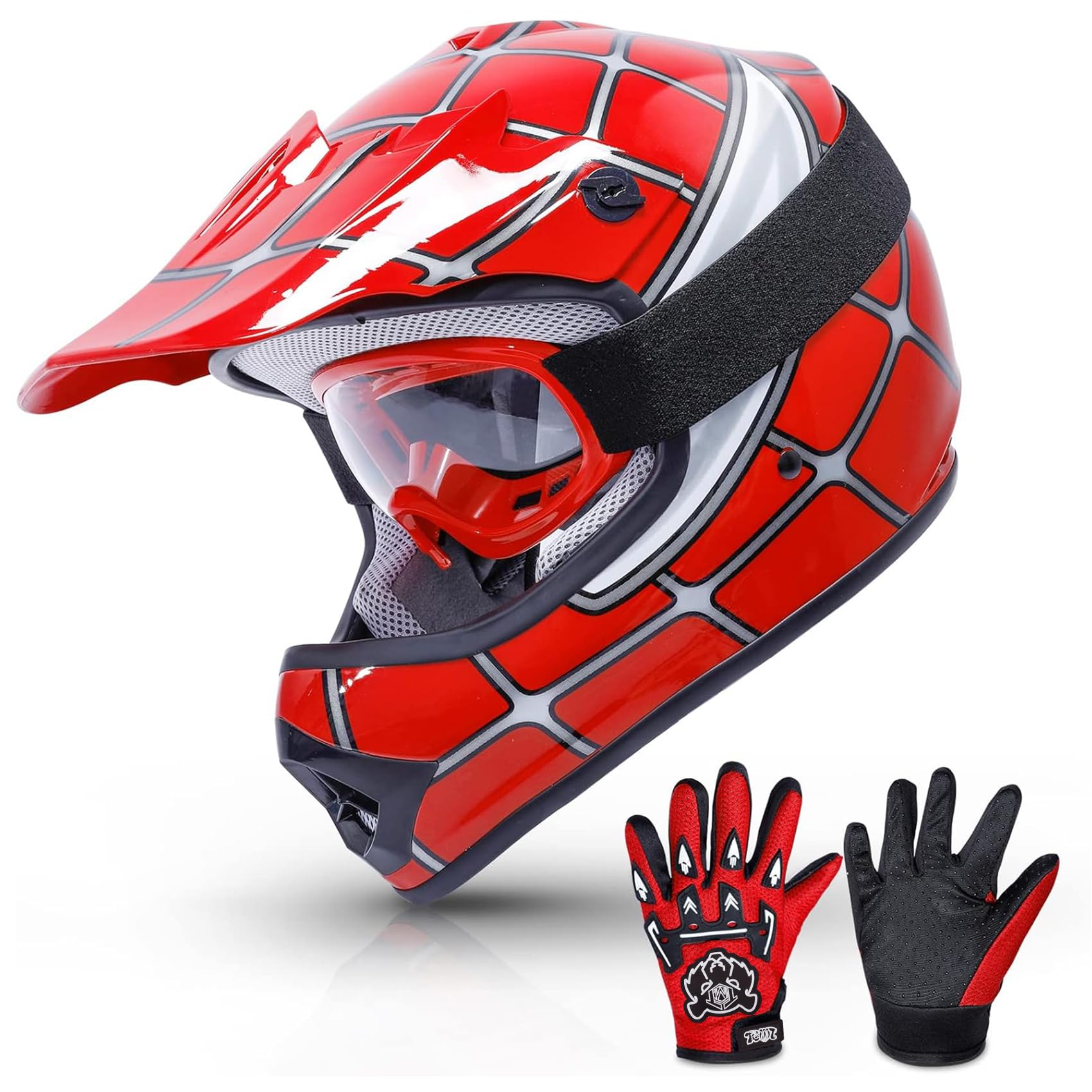 TCMT Dot Youth & Kids Motocross Offroad Street Red Spider Motorcycle Youth Helmet Dirt Bike Motocross ATV Helmet+Goggles+Gloves S -Like New