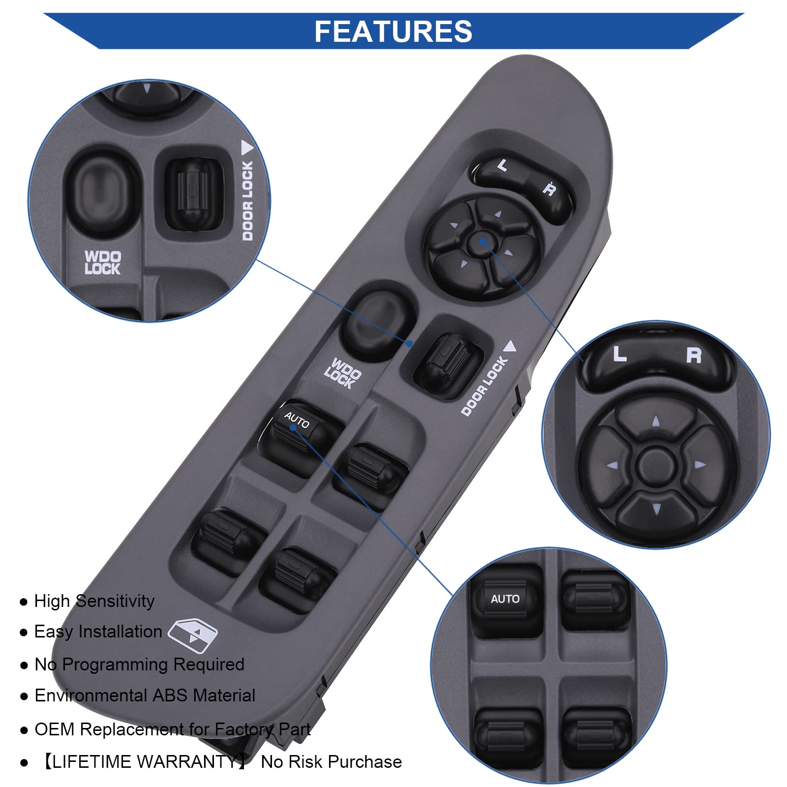 Obaee Power Window Control Switch Button&Bezel(Driver Side)& Window Bezel(Passenger Side) Compatible With 2002-2009 Dodge Ram 1500/2500/3500, Dark Gray