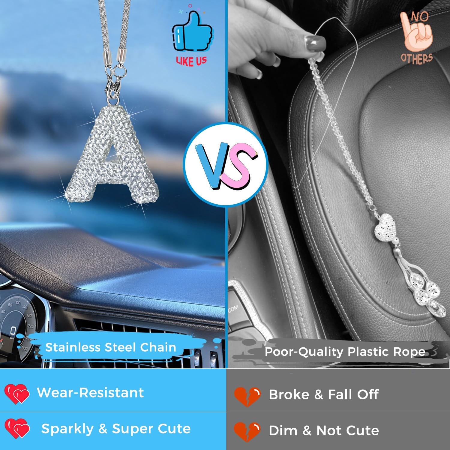 Hitluste Bling Car Letter Charm, Rear View Mirror Ornament Cute Hanging Crystal Pendant Bling Car Accessories, Lucky Diamond Rhi