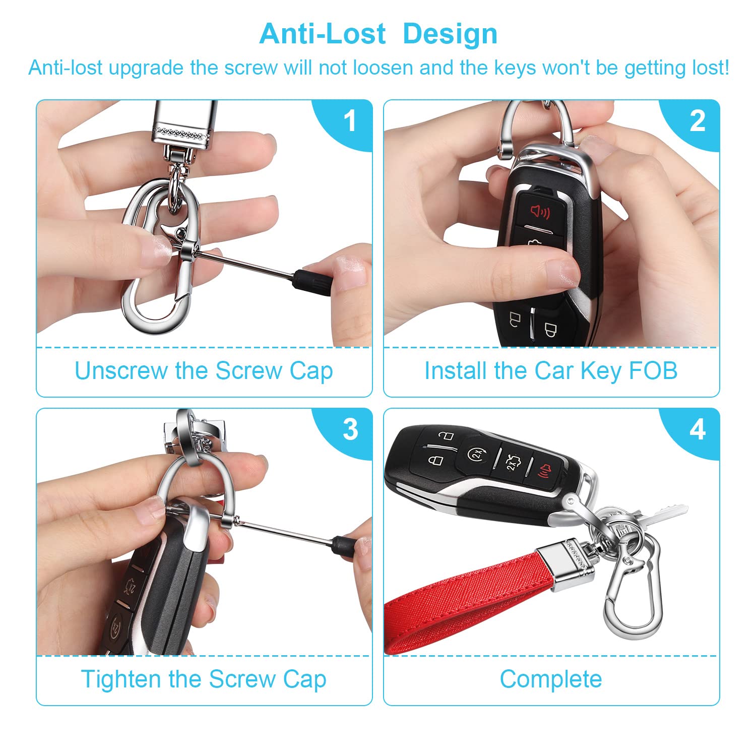 Qbuc Genuine Leather Car Keychain,Universal Heavy Duty Metal Key Chain Accessories,Car Fob Key Keychain Holder With 360 Degree Rotatable Snap Swivel And Anti-Lost D-Ring For Men Women（Red）