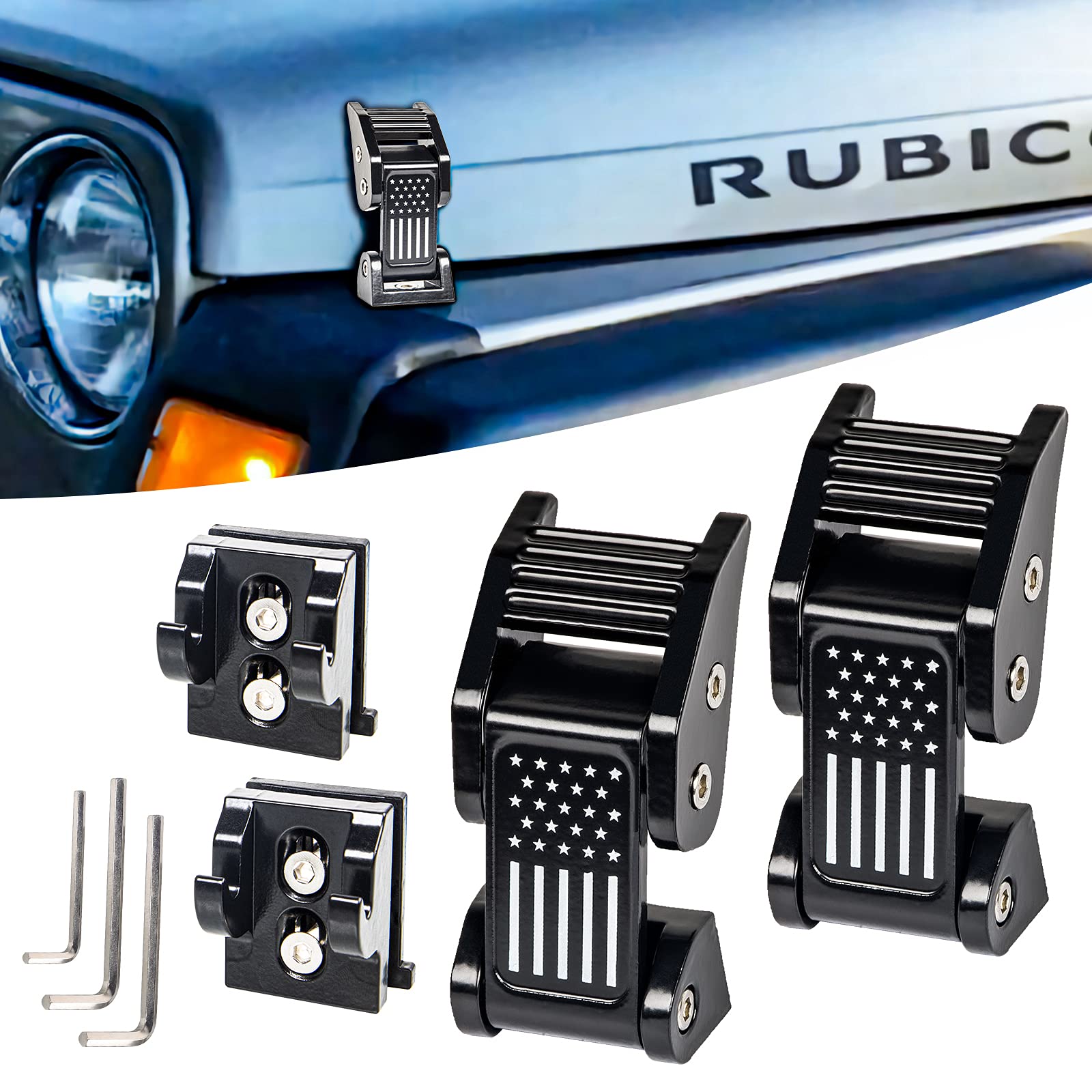 Buling TJ Hood Latches Improved Design Aluminum Hood Catch Latch kits Compatible with Jeep Wrangler TJ 1997-2006 (Texture Black 