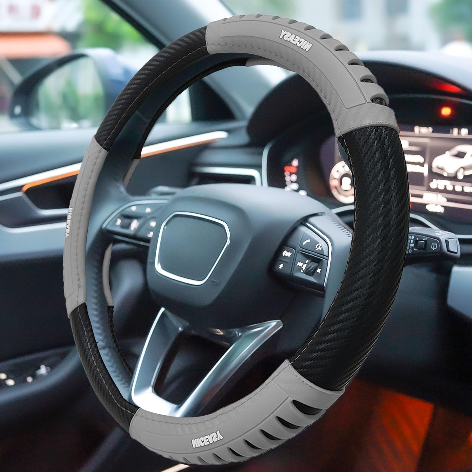 NICEASY Sport Style Black Carbon-Fiber Steering Wheel Cover with Grey Grip Steering Wheel Accessory,Universal Fit 14.75-15 inch 