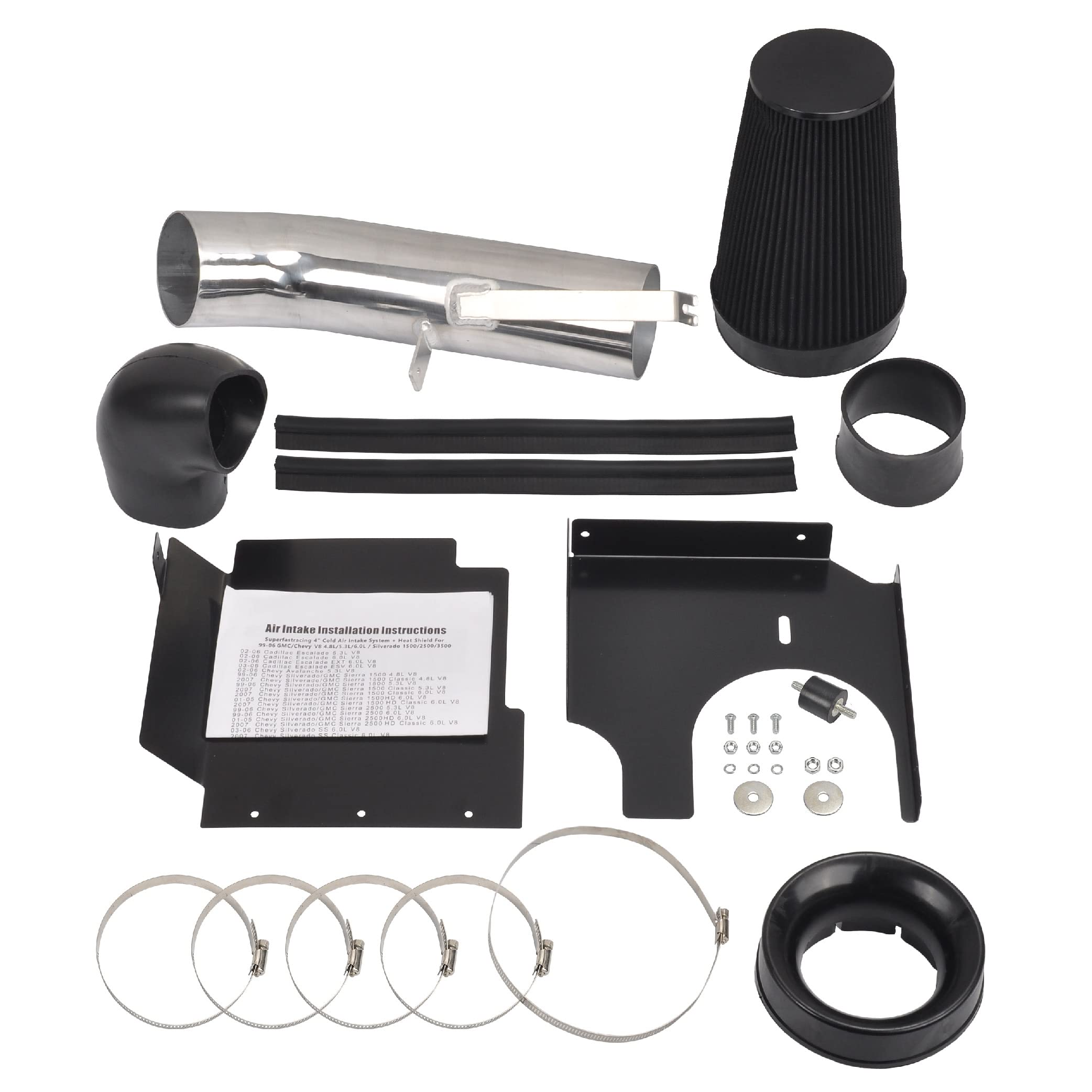 Gesexi 4' Cold Air Intake System + Heat Shield Compatible With 1999-2006 Gmc/Chevy V8 4.8L/5.3L/6.0L Silverado 1500/2500/3500 (Black & Silver)