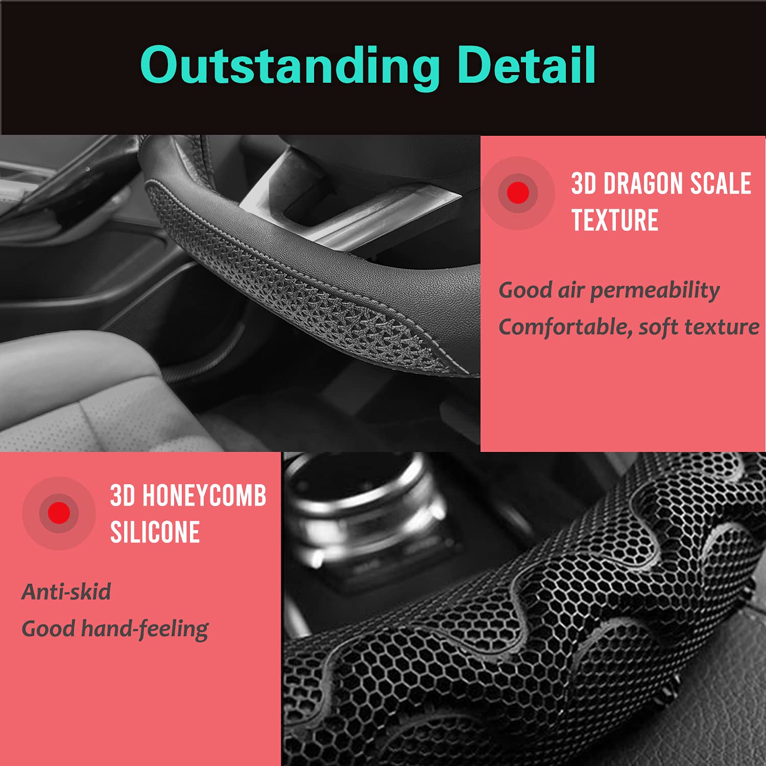 Pinctrot D Shaped 14 Inch Small Sized Steering Wheel Cover Great Grip With 3D Honeycomb Anti-Slip Design, Flat Bottom 14 Inch (A