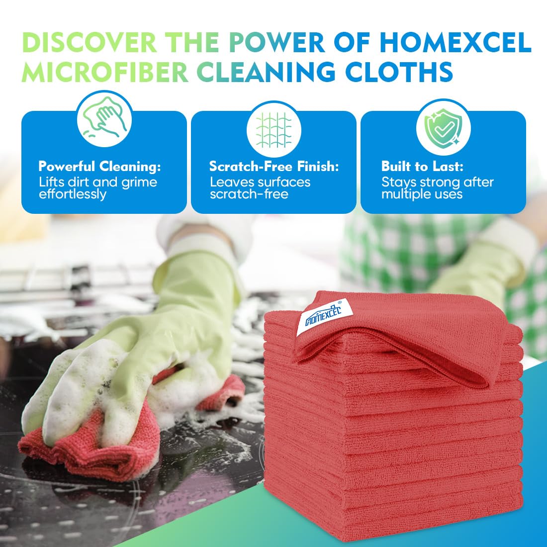 Homexcel Red Microfiber Cleaning Cloth 12 Pack, 12.5 X 12.5 Inch Microfiber Towels For Cars, Ultra Absorbent Car Washing Cloth,