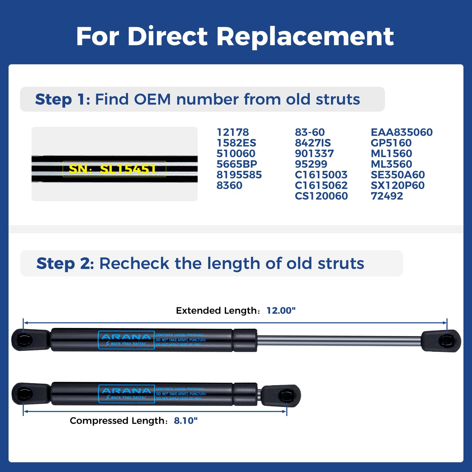 Arana 12 Inch 60Lb Gas Struts Spring Shocks C1615003 12 Inch Lift Support For Pickup Truck Toolbox Lid Luggage Door Camper Shell