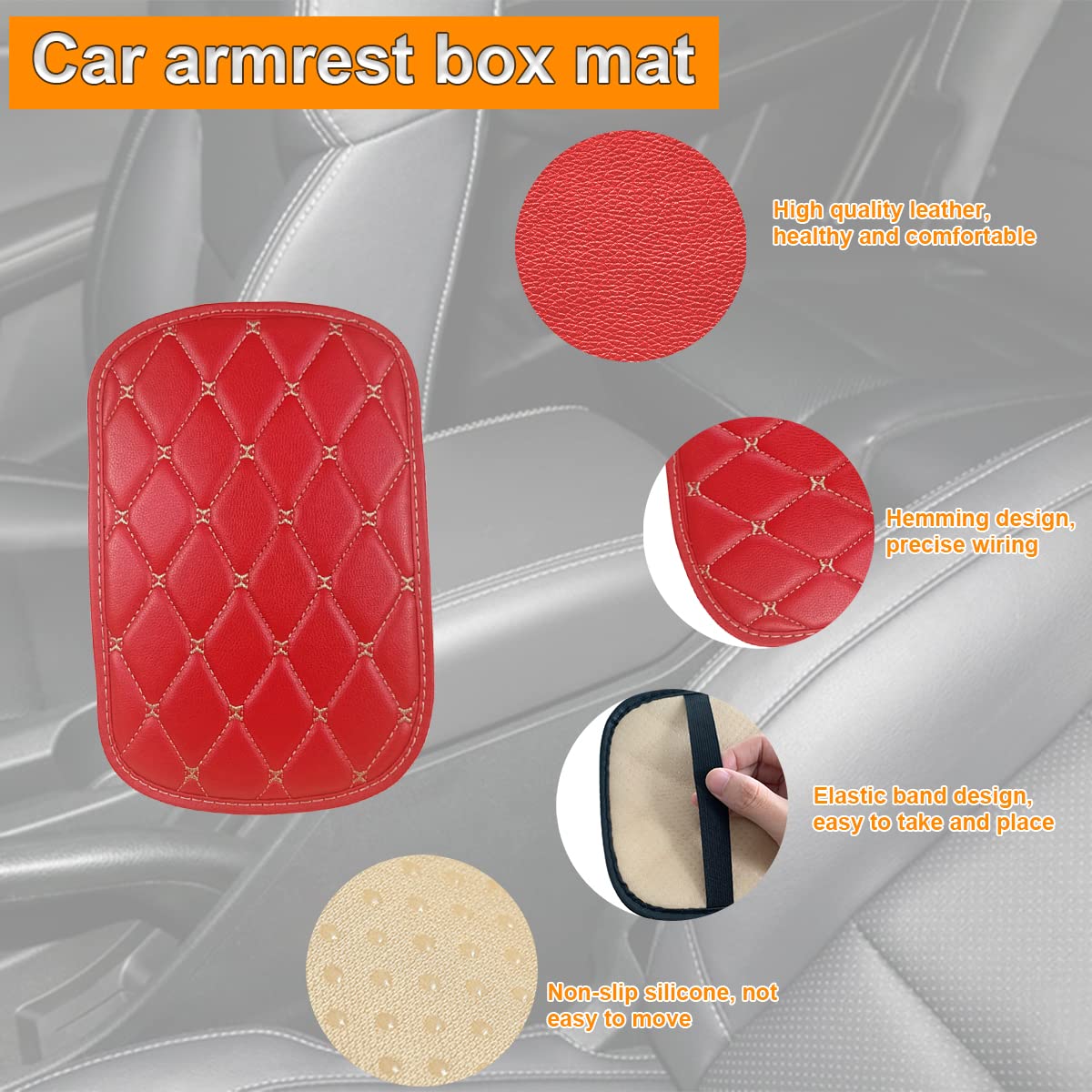 Auto Center Console Pad, Pu Leather Car Center Console Box Cushion, Non Slip Soft Armrest Seat Box Cover, Waterproof Vehicle Armrest Protector, Car Accessories For Suv, Truck, Car (Red/Beige)