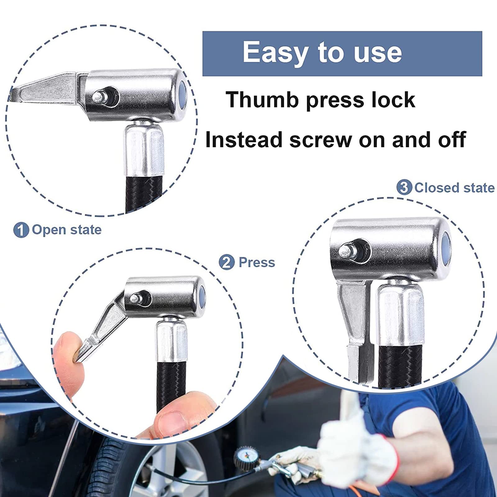 Melphan-Auto 50Cm 20Inches Ultra-Long Tire Inflator Hose Adapter, Thumb Press Locking Tire Chuck, Fast Inflation, Quick Release And Connect, Universal For Cars, Motorcycles And Bicycles, 1Pc.