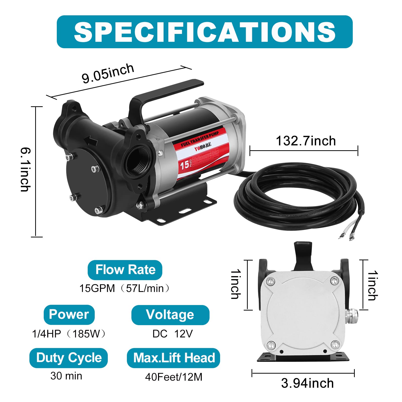 Fuel Transfer Pump Yohome Dc 12V Heavy-Duty Cast Iron Gasoline Transfer Pump, 15Gpm, Overheating Stability, Built-In Bypass Gasoline Pump Applicable To Gasoline, Diesel, Kerosene